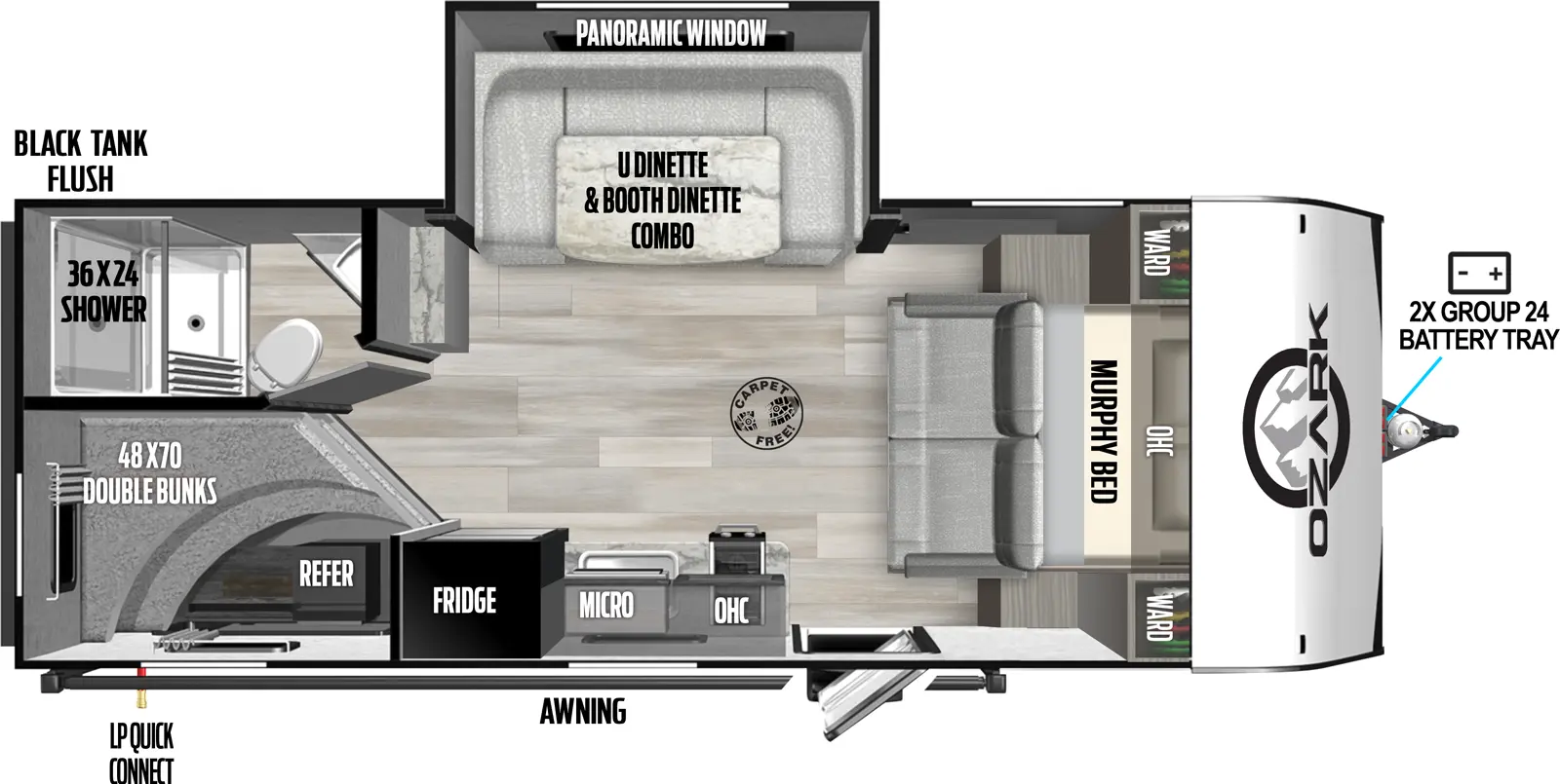 The Ozark 1680BSK floorplan has one entry and one slide out. Exterior features include: fiberglass exterior and 14' awning. Interiors features include: bunk beds, u-dinette and murphy bed.